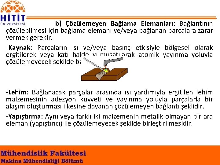 b) Çözülemeyen Bağlama Elemanları: Bağlantının çözülebilmesi için bağlama elemanı ve/veya bağlanan parçalara zarar vermek