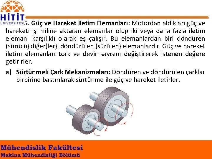 5. Güç ve Hareket İletim Elemanları: Motordan aldıkları güç ve hareketi iş miline aktaran