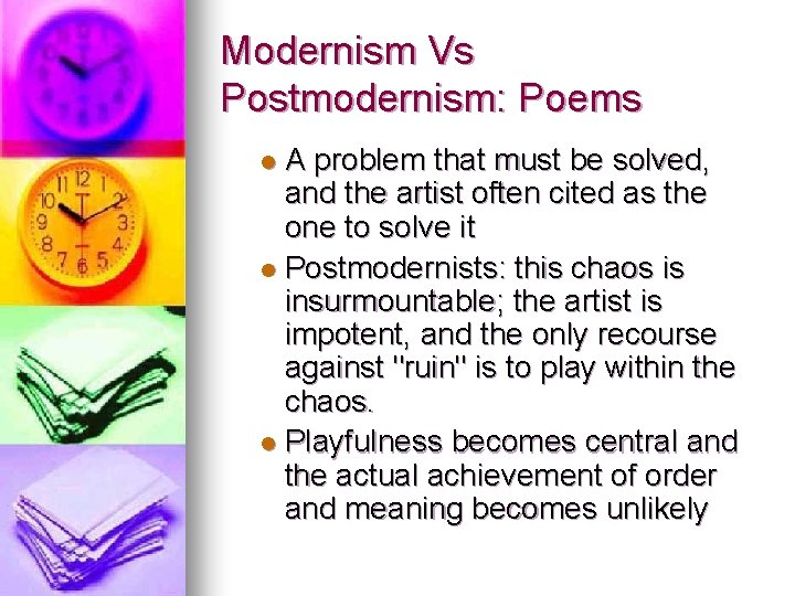 Modernism Vs Postmodernism: Poems A problem that must be solved, and the artist often