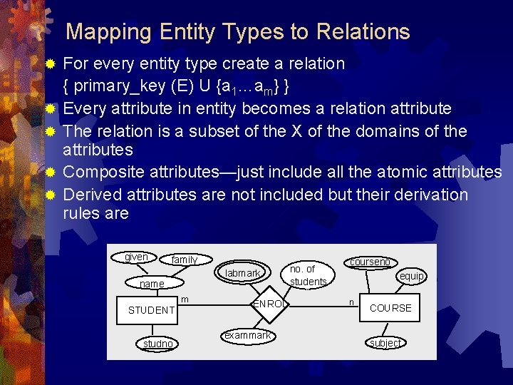 Mapping Entity Types to Relations ® ® ® For every entity type create a Mapping Entity Types to Relations ® ® ® For every entity type create a