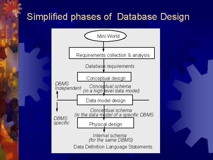 Simplified phases of Database Design Mini World Requirements collection & analysis Database requirements Conceptual Simplified phases of Database Design Mini World Requirements collection & analysis Database requirements Conceptual