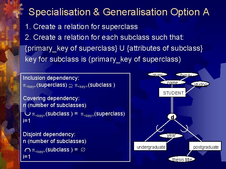 Specialisation & Generalisation Option A 1. Create a relation for superclass 2. Create a Specialisation & Generalisation Option A 1. Create a relation for superclass 2. Create a