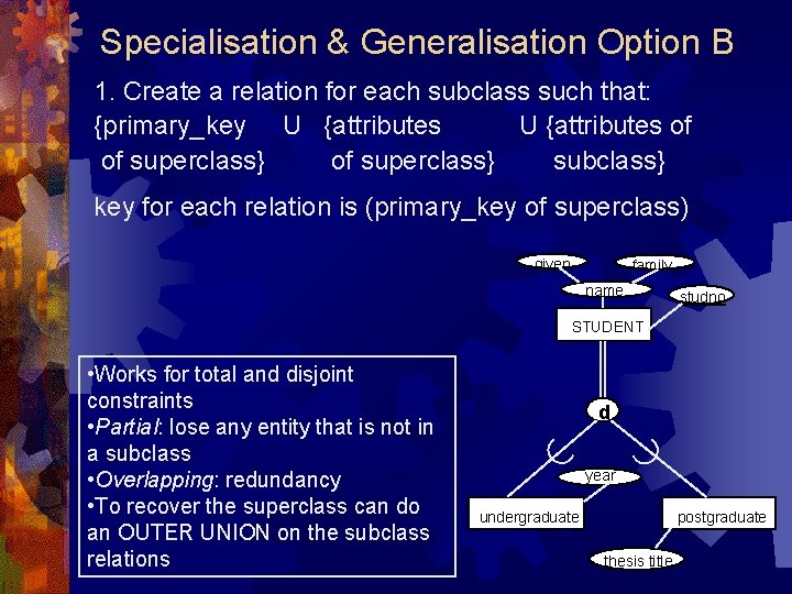 Specialisation & Generalisation Option B 1. Create a relation for each subclass such that: Specialisation & Generalisation Option B 1. Create a relation for each subclass such that:
