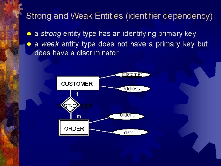 Strong and Weak Entities (identifier dependency) a strong entity type has an identifying primary Strong and Weak Entities (identifier dependency) a strong entity type has an identifying primary