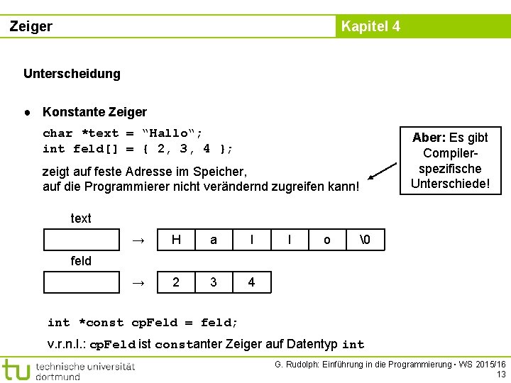 Zeiger Kapitel 4 Unterscheidung ● Konstante Zeiger char *text = “Hallo“; int feld[] =