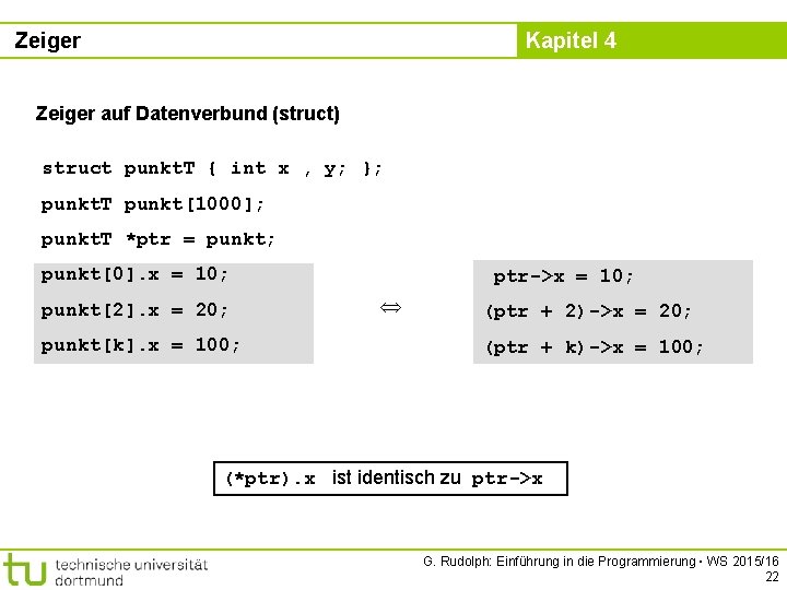 Zeiger Kapitel 4 Zeiger auf Datenverbund (struct) struct punkt. T { int x ,