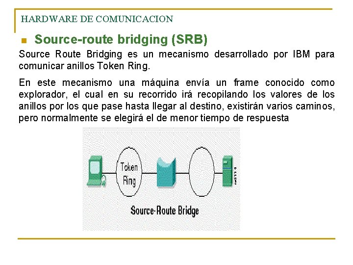 HARDWARE DE COMUNICACION n Source-route bridging (SRB) Source Route Bridging es un mecanismo desarrollado