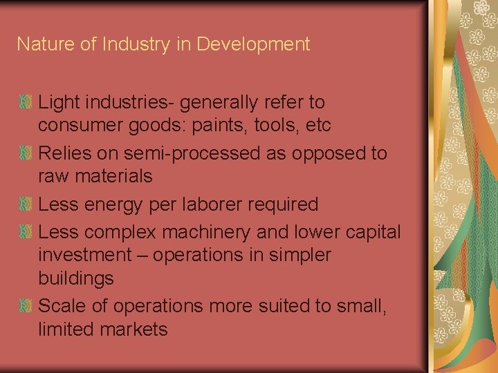 Nature of Industry in Development Light industries- generally refer to consumer goods: paints, tools,