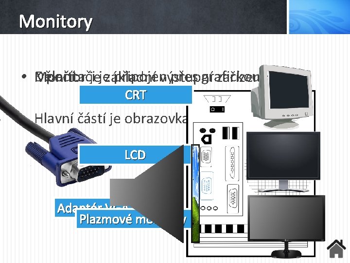 Monitory • Monitor Dělení: K počítačijejezákladní připojenvýstupní přes grafickou zařízeníkartu CRT • Hlavní částí