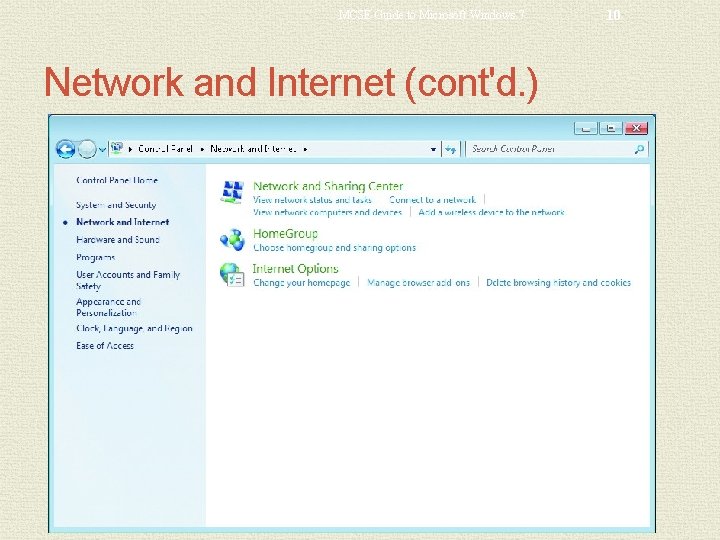 MCSE Guide to Microsoft Windows 7 Network and Internet (cont'd. ) 10 