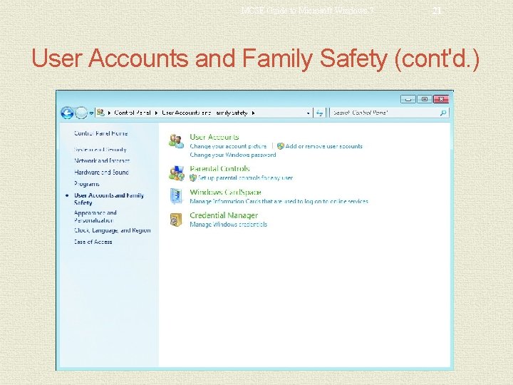 MCSE Guide to Microsoft Windows 7 21 User Accounts and Family Safety (cont'd. )