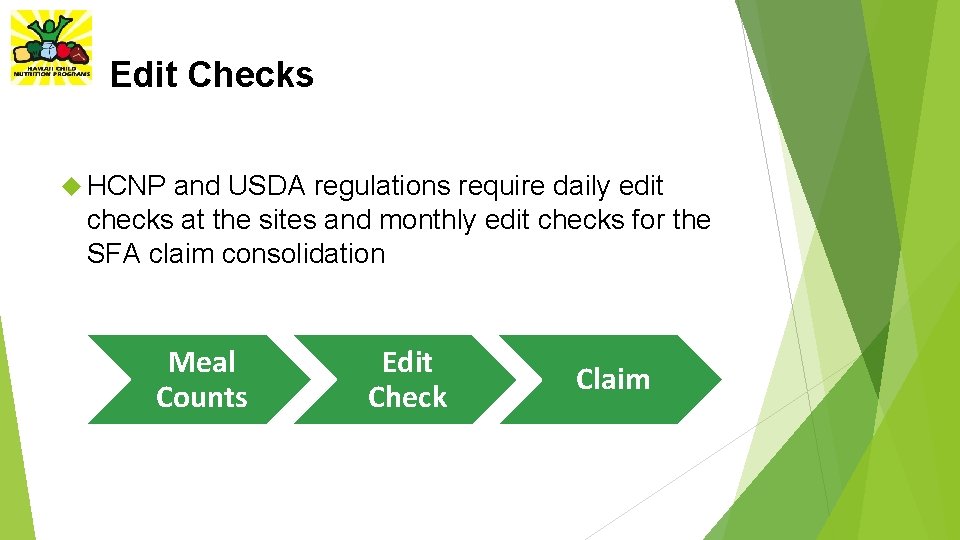 Edit Checks HCNP and USDA regulations require daily edit checks at the sites and