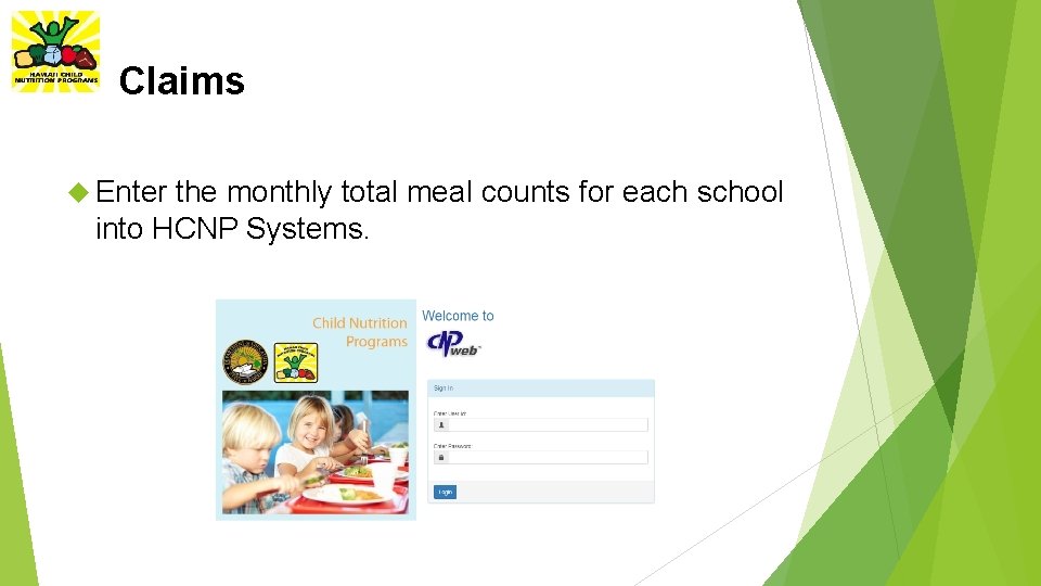 Claims Enter the monthly total meal counts for each school into HCNP Systems. 