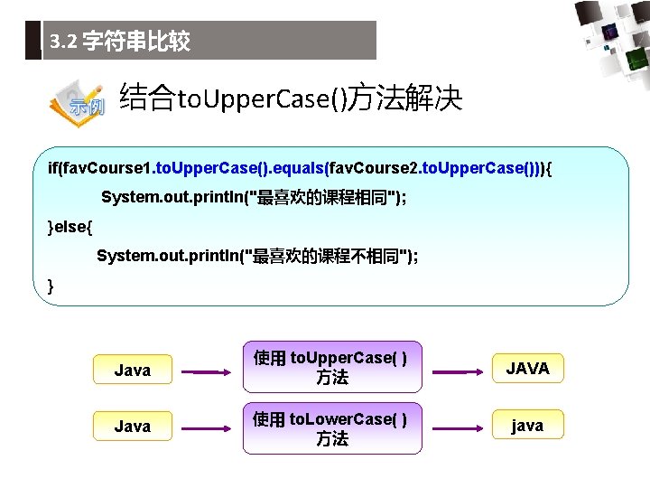 3. 2 字符串比较 结合to. Upper. Case()方法解决 if(fav. Course 1. to. Upper. Case(). equals(fav. Course