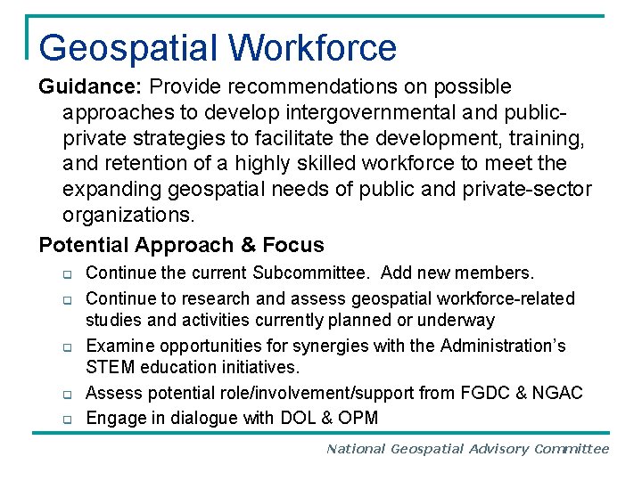 Geospatial Workforce Guidance: Provide recommendations on possible approaches to develop intergovernmental and publicprivate strategies