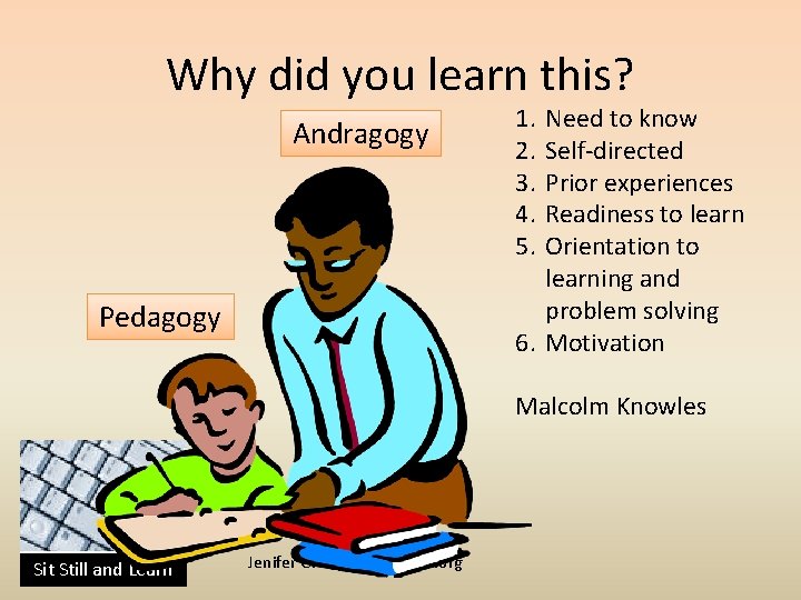 Why did you learn this? Andragogy Pedagogy 1. 2. 3. 4. 5. Need to