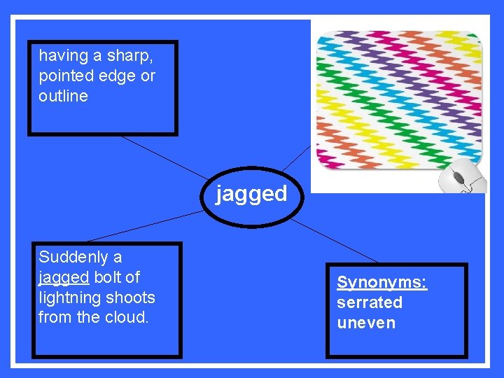 having a sharp, pointed edge or outline jagged Suddenly a jagged bolt of lightning