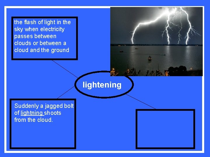 the flash of light in the sky when electricity passes between clouds or between