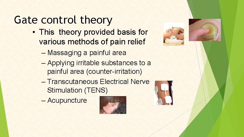 Gate control theory • This theory provided basis for various methods of pain relief