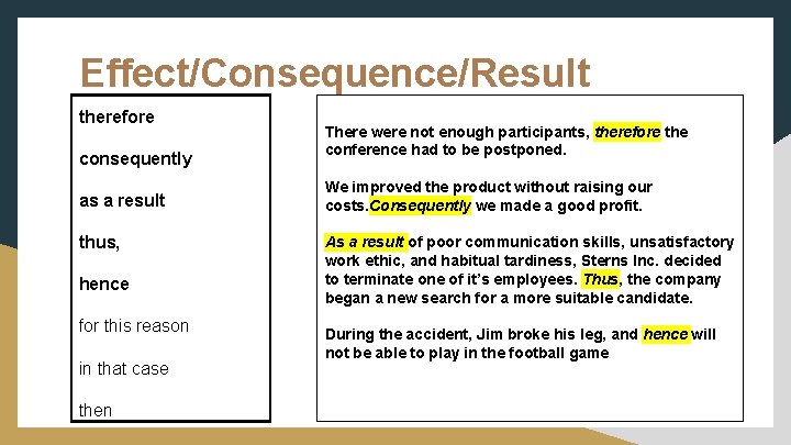 Effect/Consequence/Result therefore consequently as a result thus, hence for this reason in that case