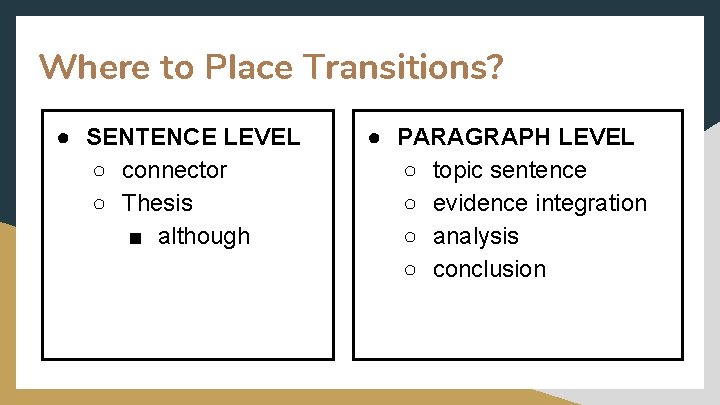 Where to Place Transitions? ● SENTENCE LEVEL ○ connector ○ Thesis ■ although ●