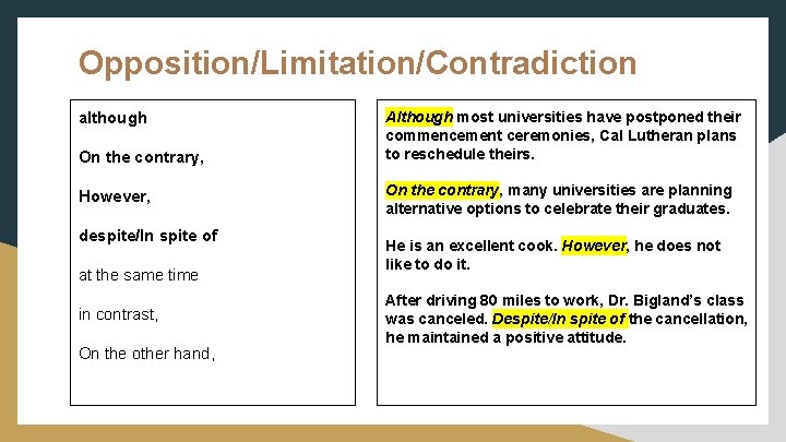 Opposition/Limitation/Contradiction although On the contrary, However, despite/In spite of at the same time in