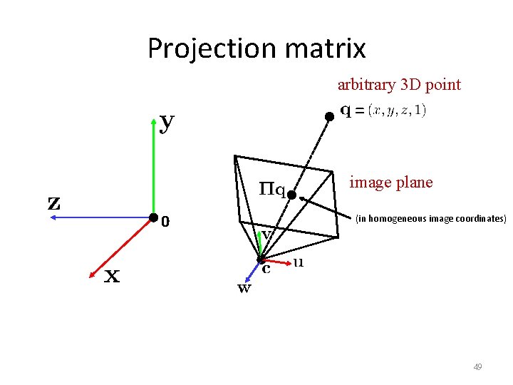 Projection matrix arbitrary 3 D point = image plane 0 (in homogeneous image coordinates)