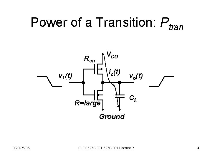 Power of a Transition: Ptran VDD Ron ic(t) vi (t) R=large vo(t) CL Ground
