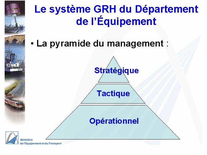 Le système GRH du Département de l’Équipement • La pyramide du management : Stratégique