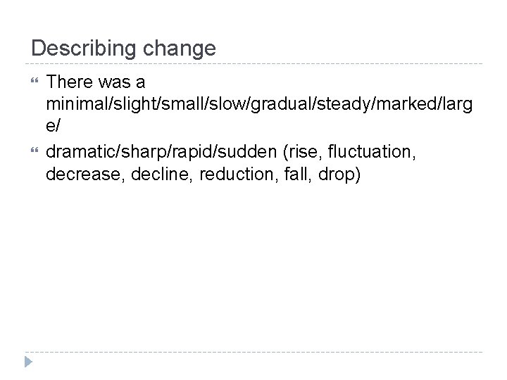 Describing change There was a minimal/slight/small/slow/gradual/steady/marked/larg e/ dramatic/sharp/rapid/sudden (rise, fluctuation, decrease, decline, reduction, fall,