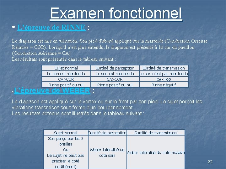 Examen fonctionnel • L'épreuve de RINNE : Le diapason est mis en vibration. Son