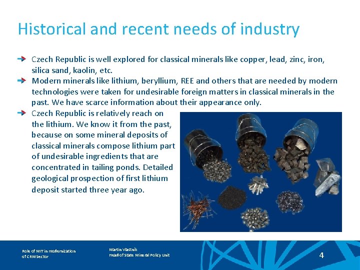Historical and recent needs of industry Czech Republic is well explored for classical minerals