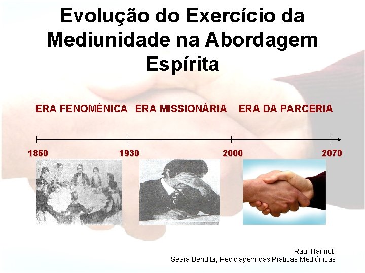 Evolução do Exercício da Mediunidade na Abordagem Espírita ERA FENOMÊNICA ERA MISSIONÁRIA 1860 Médiuns