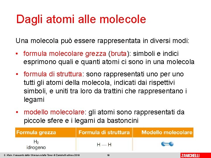 Dagli atomi alle molecole Una molecola può essere rappresentata in diversi modi: • formula