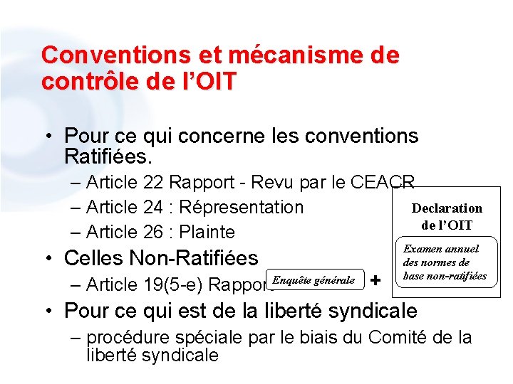 Conventions et mécanisme de contrôle de l’OIT • Pour ce qui concerne les conventions