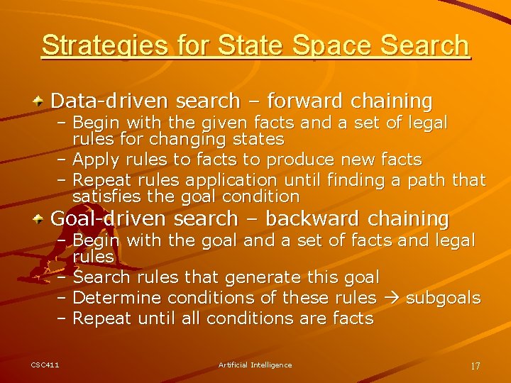 Strategies for State Space Search Data-driven search – forward chaining – Begin with the