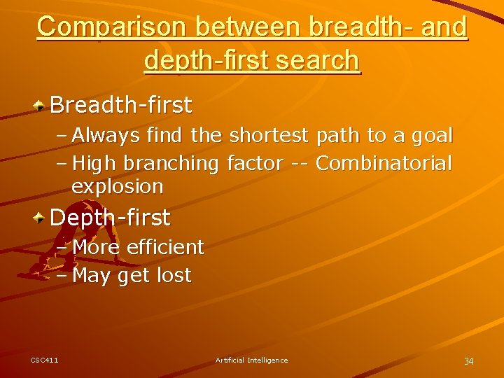 Comparison between breadth- and depth-first search Breadth-first – Always find the shortest path to