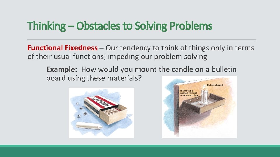 Thinking – Obstacles to Solving Problems Functional Fixedness – Our tendency to think of