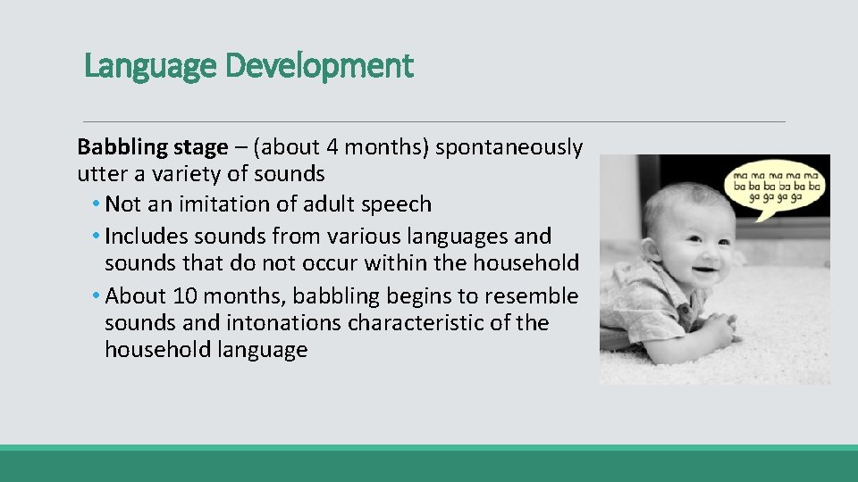 Language Development Babbling stage – (about 4 months) spontaneously utter a variety of sounds