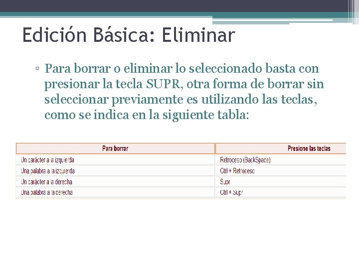 Edición Básica: Eliminar ▫ Para borrar o eliminar lo seleccionado basta con presionar la