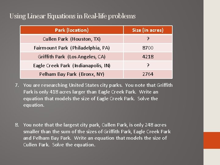 Using Linear Equations in Real-life problems Park (location) Size (in acres) Cullen Park (Houston,