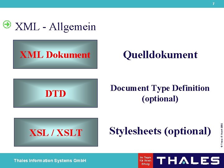 7 XML Dokument Quelldokument DTD Document Type Definition (optional) XSL / XSLT Stylesheets (optional)