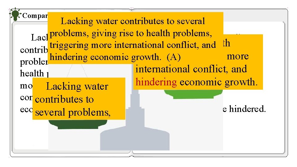 Compare the two versions Lacking water contributes to several problems, Lacking water giving rise Compare the two versions Lacking water contributes to several problems, Lacking water giving rise