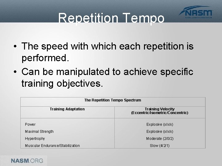 Repetition Tempo • The speed with which each repetition is performed. • Can be