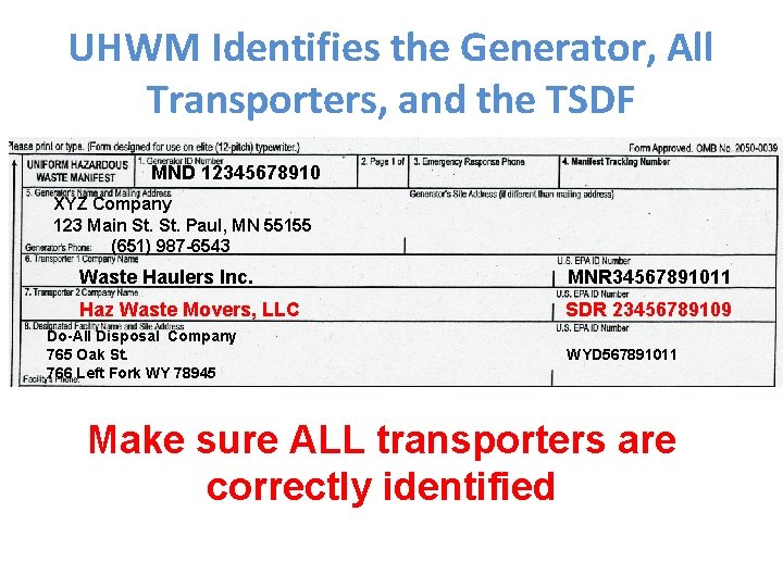 UHWM Identifies the Generator, All Transporters, and the TSDF MND 12345678910 XYZ Company 123 UHWM Identifies the Generator, All Transporters, and the TSDF MND 12345678910 XYZ Company 123