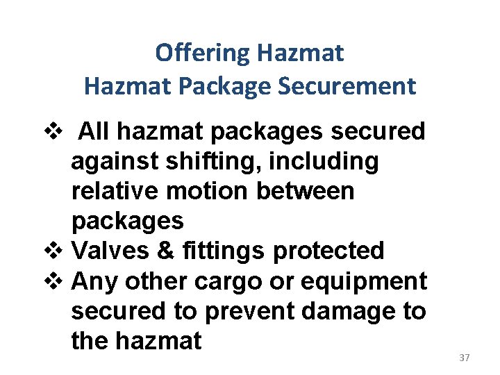 Offering Hazmat Package Securement v All hazmat packages secured against shifting, including relative motion Offering Hazmat Package Securement v All hazmat packages secured against shifting, including relative motion