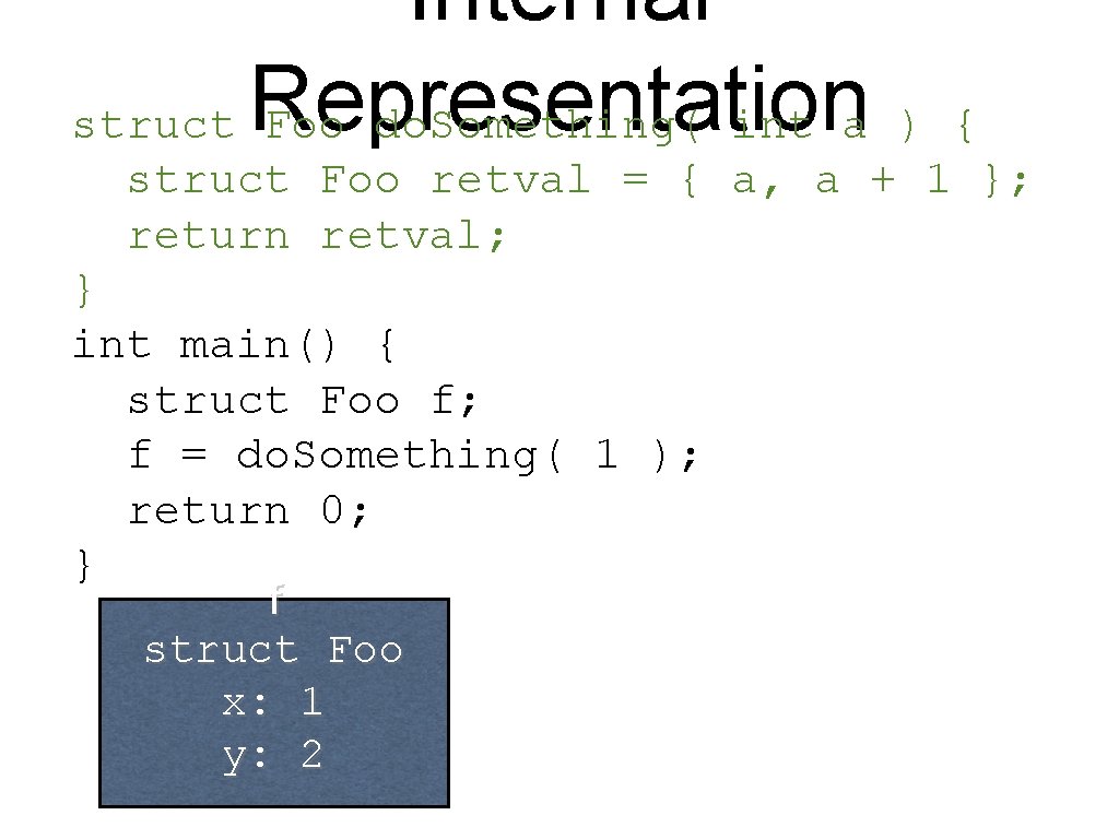 Internal struct Representation Foo do. Something( int a ) { struct Foo retval =