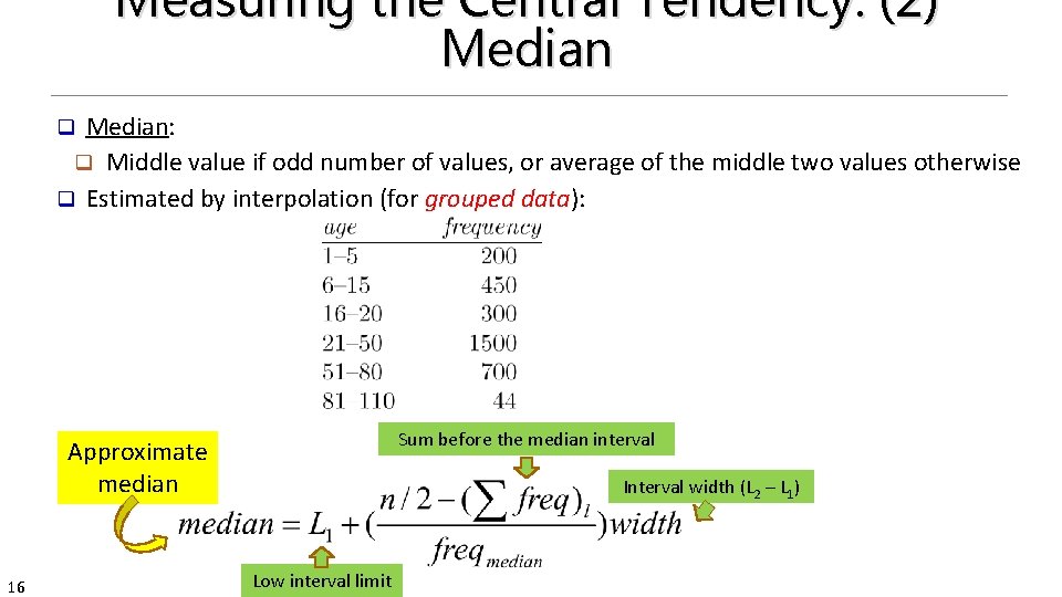 Measuring the Central Tendency: (2) Median: q Middle value if odd number of values,