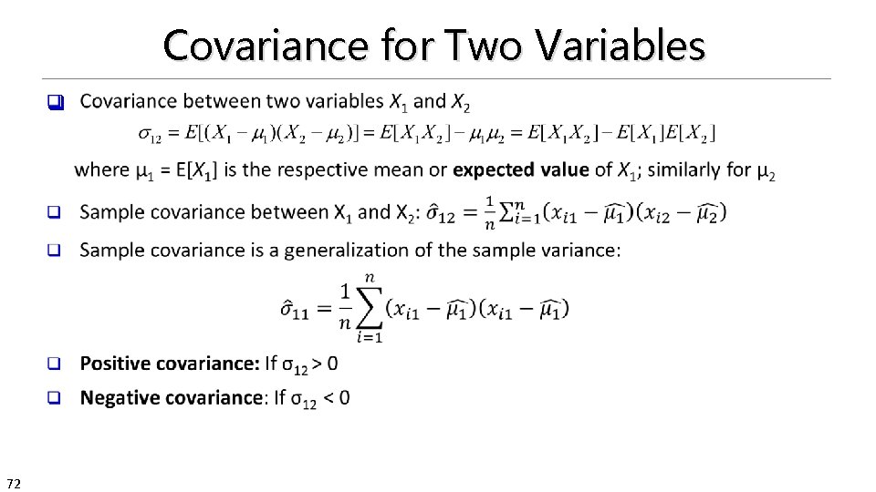 Covariance for Two Variables q 72 
