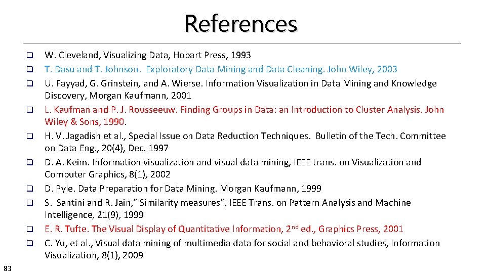 References q q q q q 83 W. Cleveland, Visualizing Data, Hobart Press, 1993